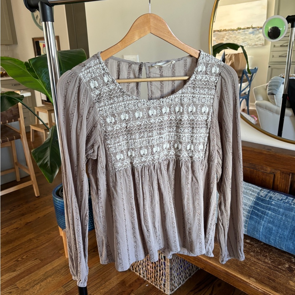 Lucky Brand Embroidered Taupe Blouse